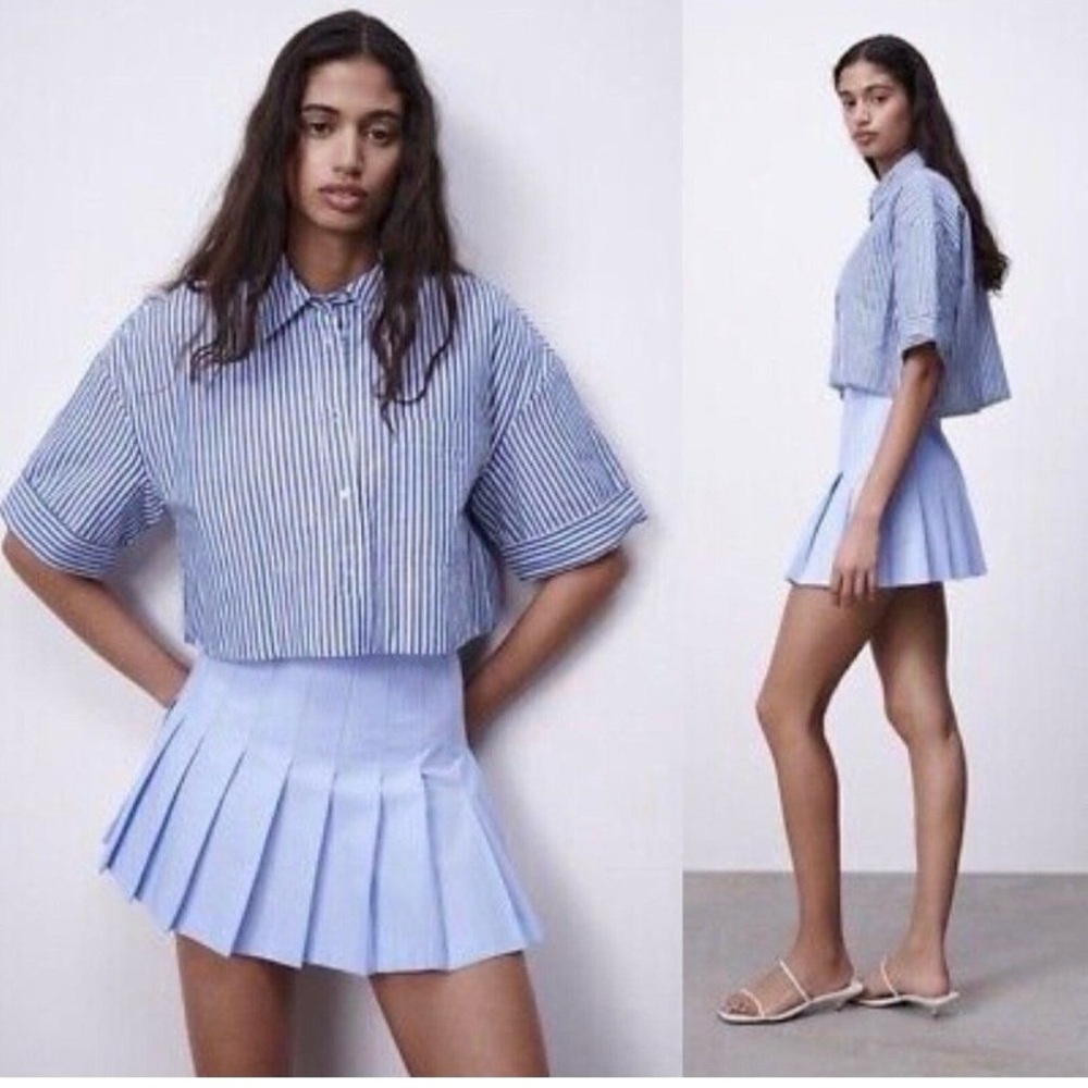 Zara Blue Striped Cropped Quilted Button-Up Shirt